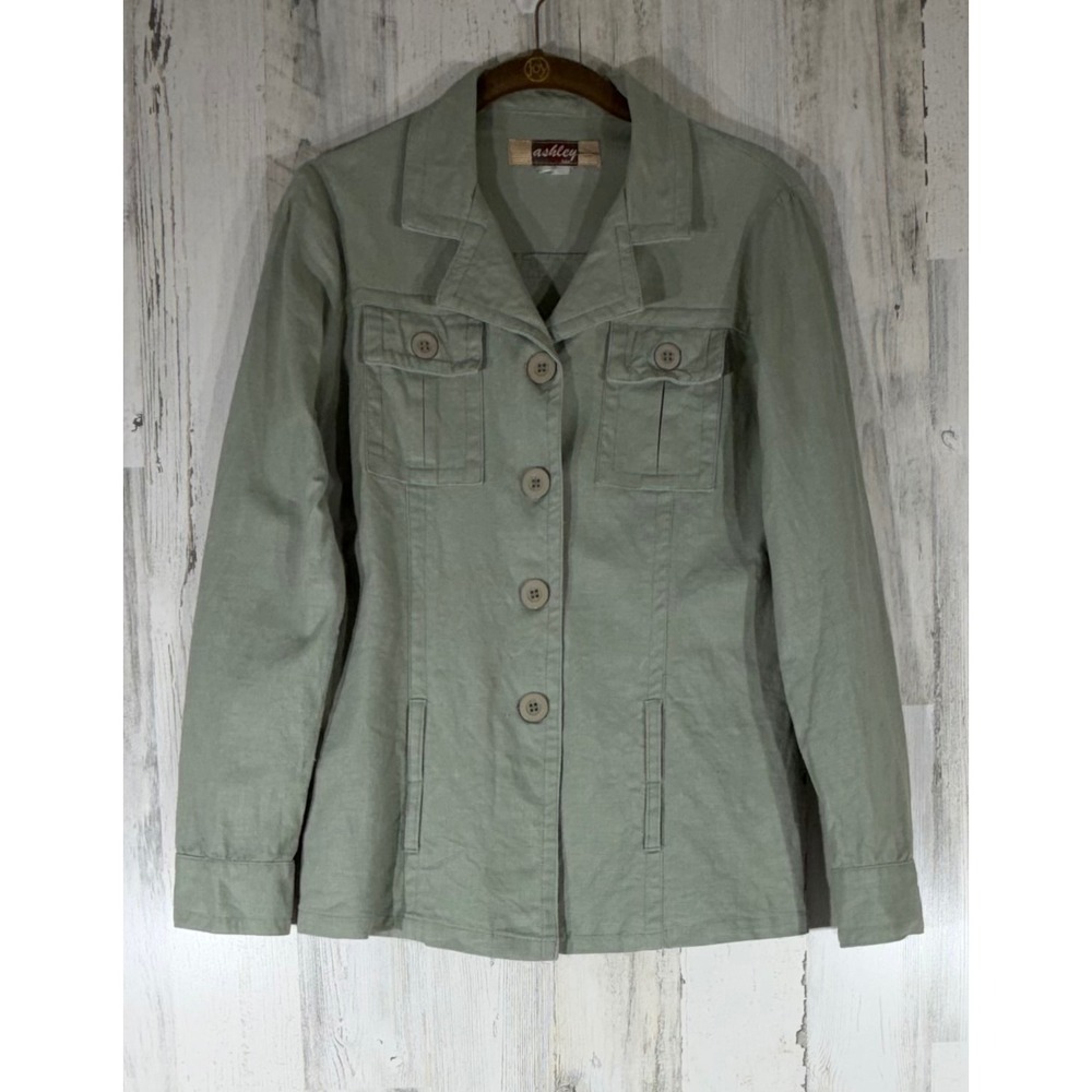 Ashley Linen Safari Jacket Size Small Sage Green Button Front Utility Pocket